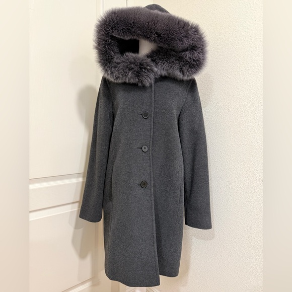 HiSO Jackets & Blazers - HiSO Canada Dark Gray Wool Cashmere Winter Coat w/ Real Fur Collar Hood Size 8